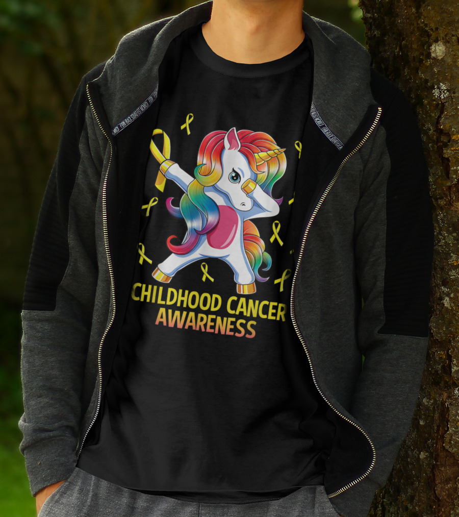 Dabbing Unicorn Childhood Cancer Awareness Ribbons T-Shirt