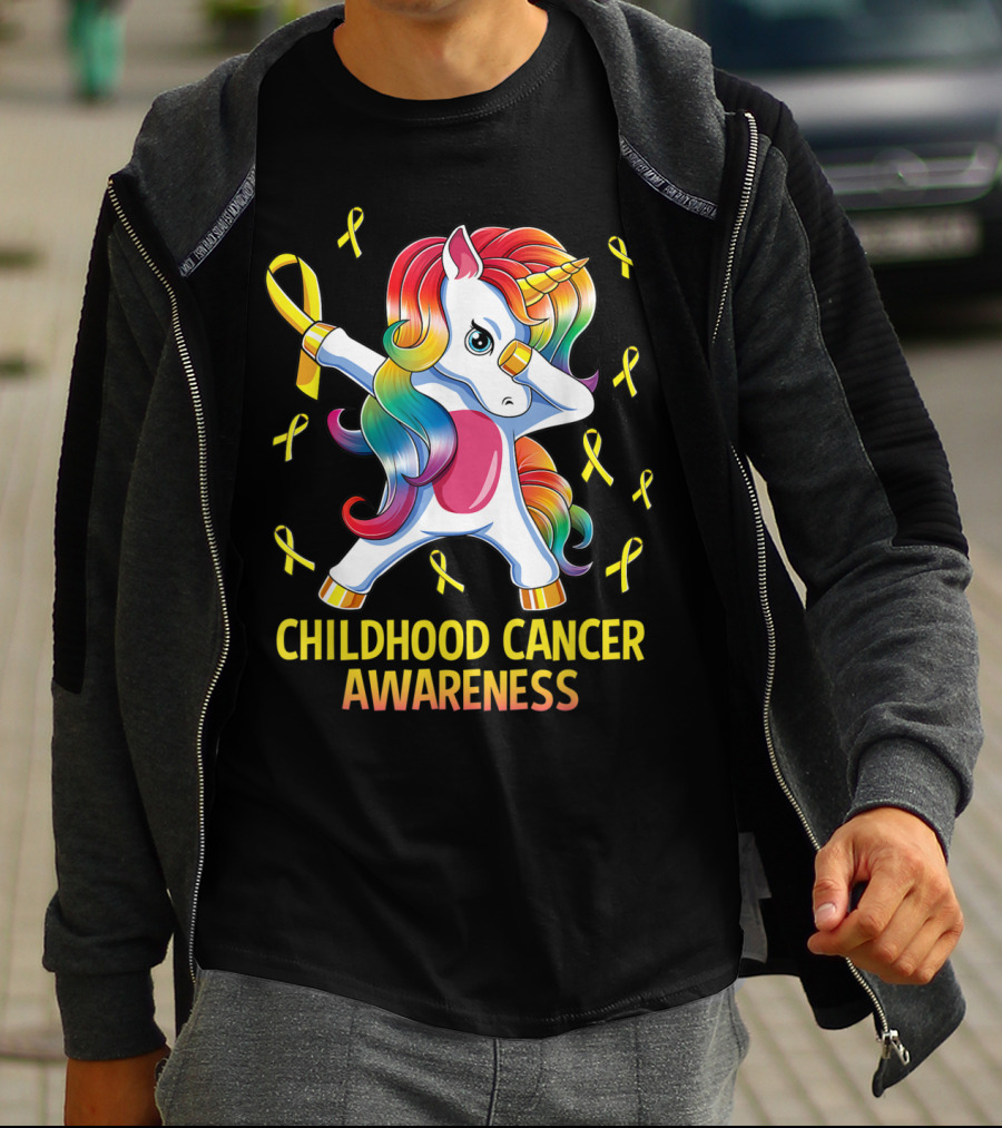 Dabbing Unicorn Childhood Cancer Awareness Ribbons T-Shirt