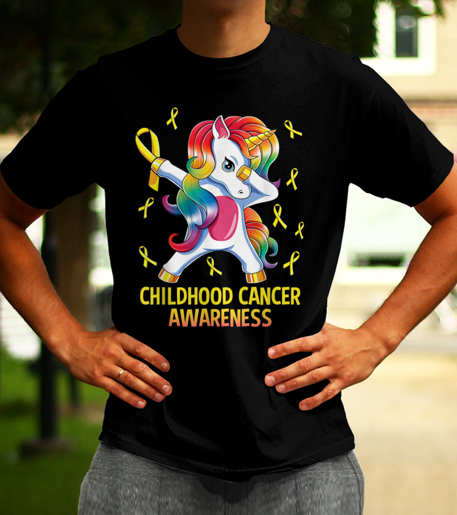 Dabbing Unicorn Childhood Cancer Awareness Ribbons T-Shirt
