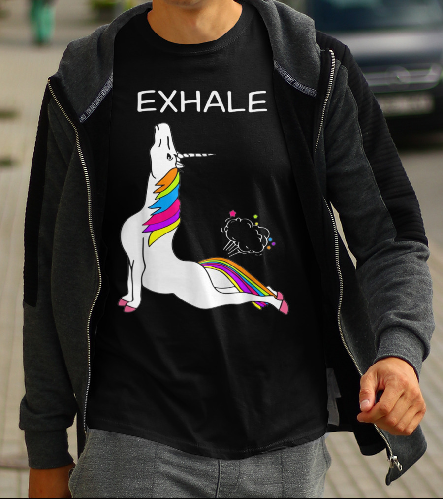 EXHALE Yoga Unicorn Funny Yoga Unicorn Exhale Fart Rainbow T-Shirt