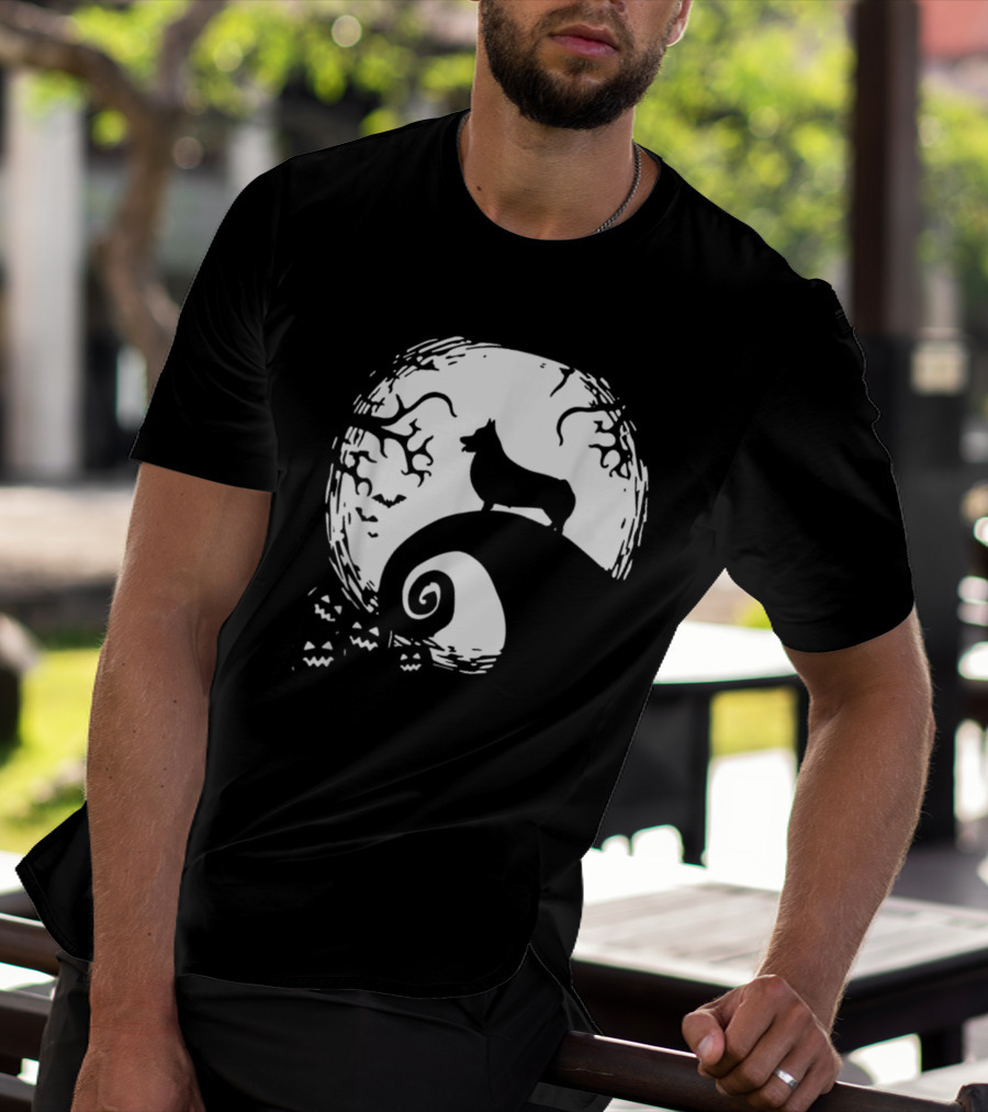 Cardigan Welsh Corgi Howling On Spiraled Hill Under Full Moon With Creepy Trees And Bats T-Shirt