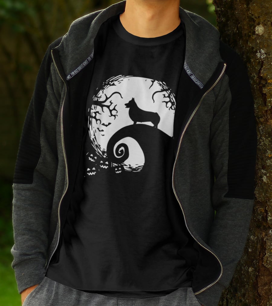 Cardigan Welsh Corgi Howling On Spiraled Hill Under Full Moon With Creepy Trees And Bats T-Shirt