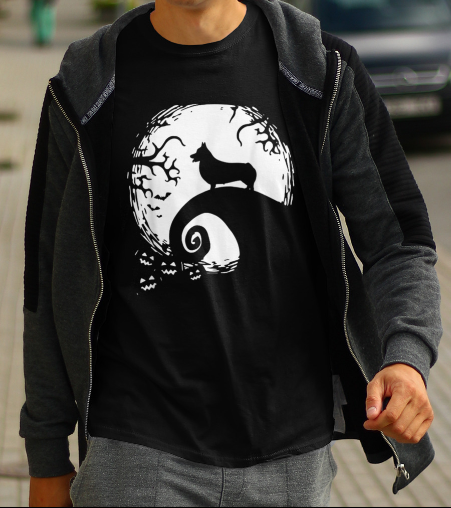 Cardigan Welsh Corgi Howling On Spiraled Hill Under Full Moon With Creepy Trees And Bats T-Shirt