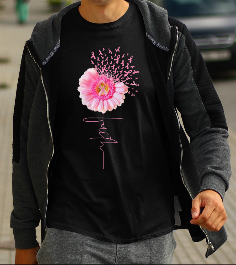 Faith Pink Ribbon Daisy Breast Cancer Awareness T-Shirt