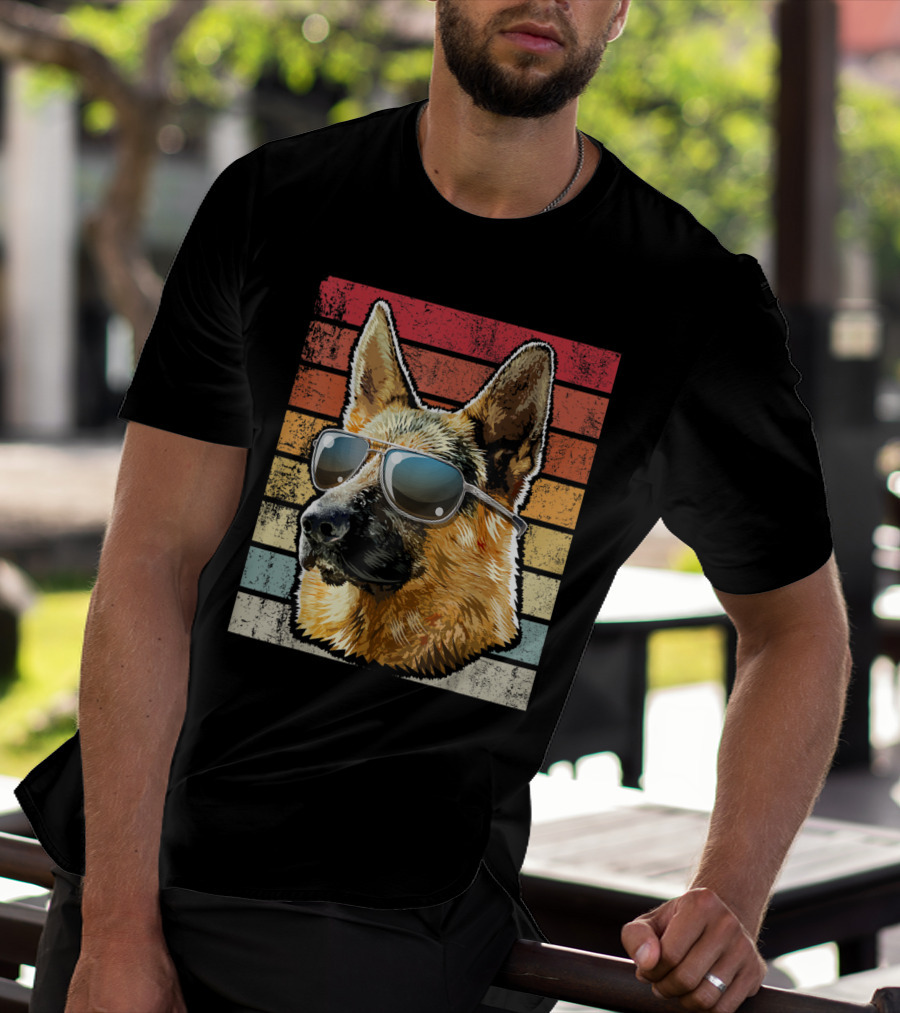Retro Vintage German Shepherd Dog Sunglasses Stripes T-Shirt