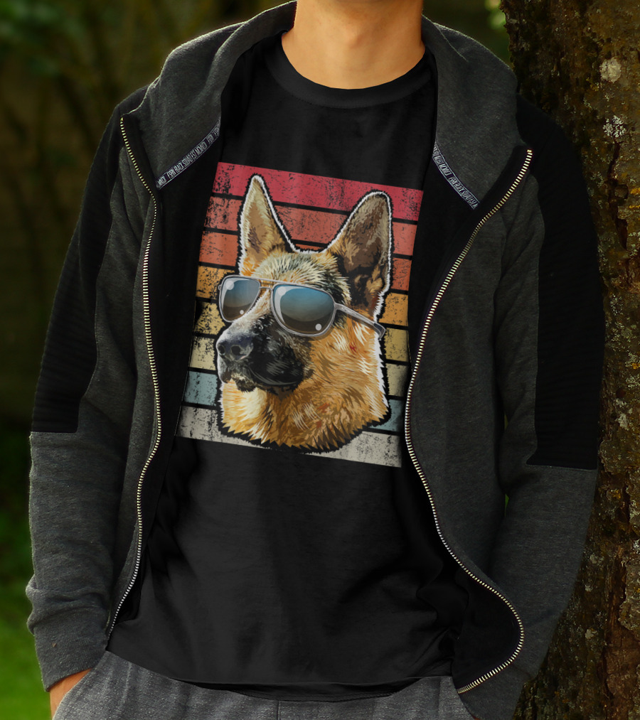 Retro Vintage German Shepherd Dog Sunglasses Stripes T-Shirt