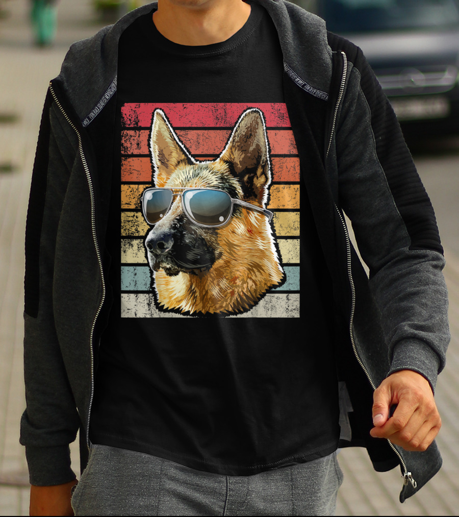 Retro Vintage German Shepherd Dog Sunglasses Stripes T-Shirt