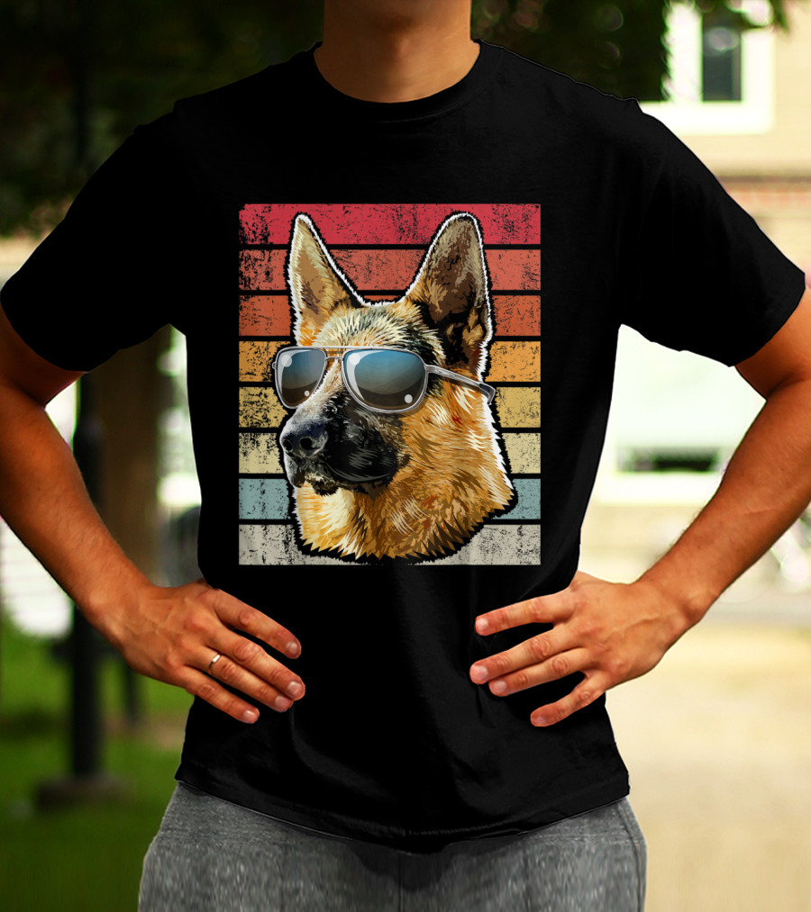 Retro Vintage German Shepherd Dog Sunglasses Stripes T-Shirt