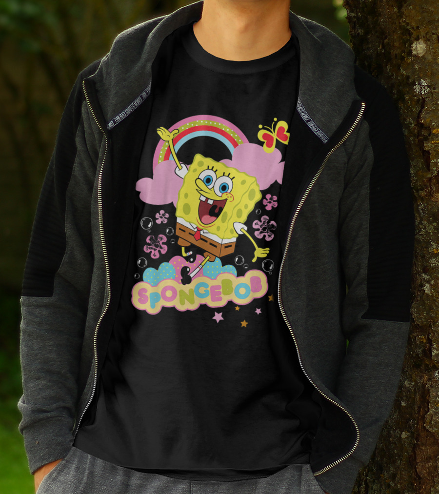 SpongeBob SquarePants Rainbow Clouds Bubbles Butterfly Flowers Stars T-Shirt