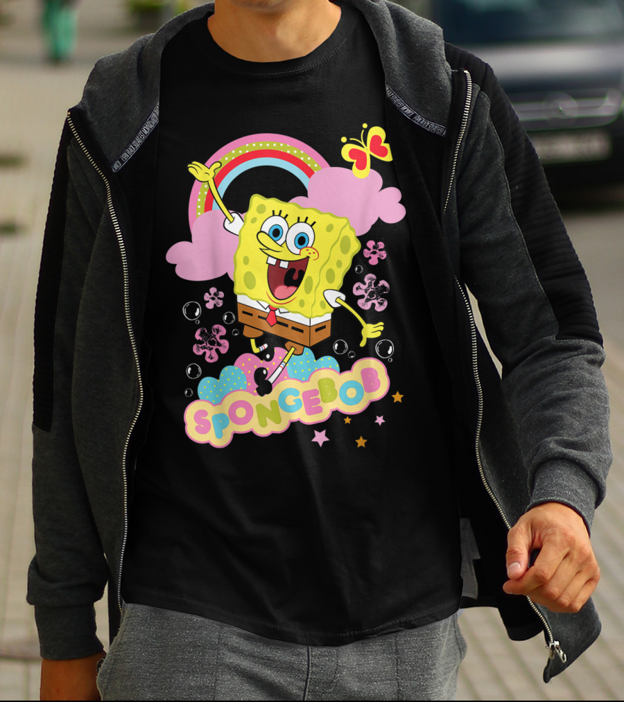 SpongeBob SquarePants Rainbow Clouds Bubbles Butterfly Flowers Stars T-Shirt