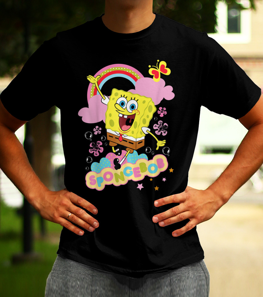 SpongeBob SquarePants Rainbow Clouds Bubbles Butterfly Flowers Stars T-Shirt