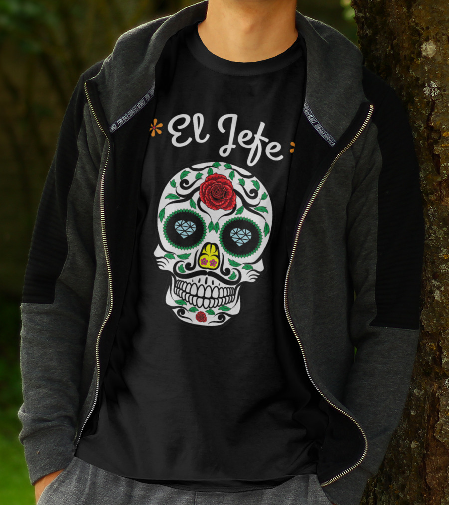El Jefe Dia De Los Muertos Sugar Skull Art Featuring Floral And Rose Accents T-Shirt
