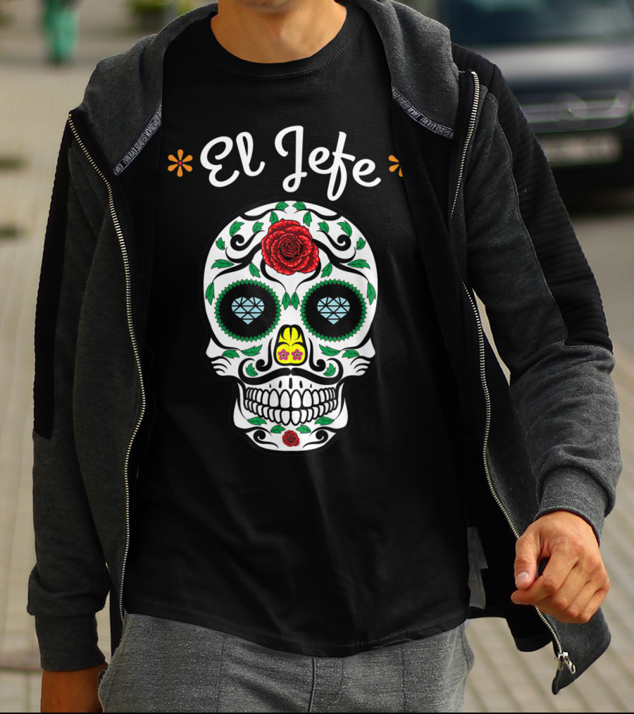 El Jefe Dia De Los Muertos Sugar Skull Art Featuring Floral And Rose Accents T-Shirt