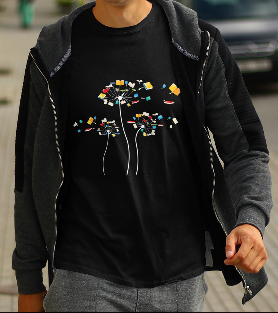 Floral Dandelion Books Fly Reading Fan T-Shirt