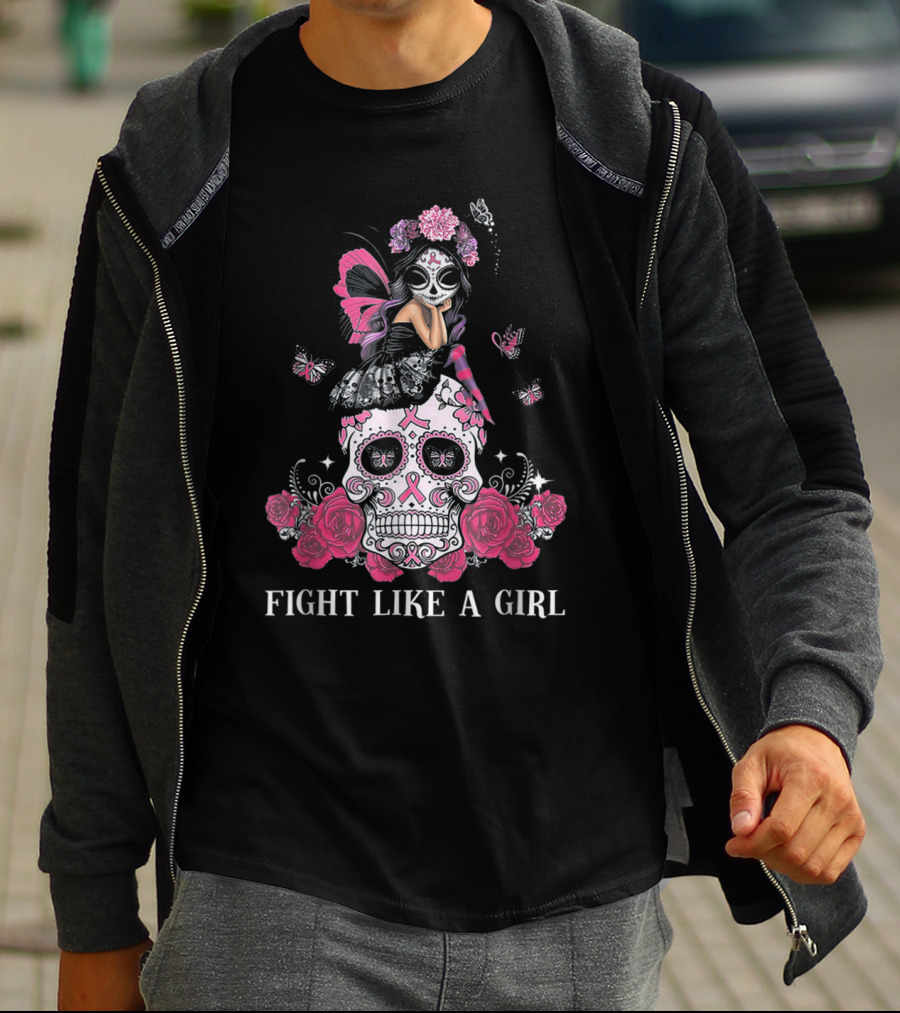 Fight Like A Girl Sugar Skull Butterfly Roses T-Shirt
