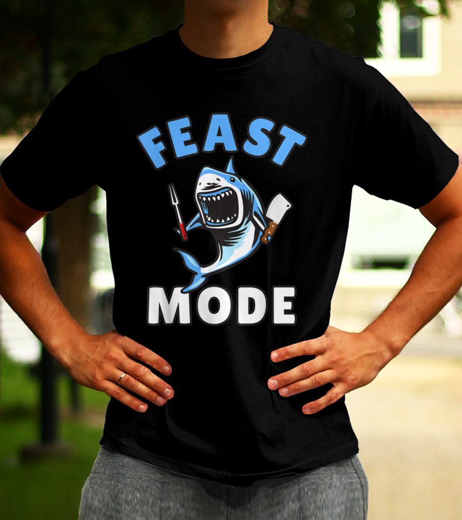 Feast Mode Great White Shark Cartoon Thanksgiving Kids T-Shirt