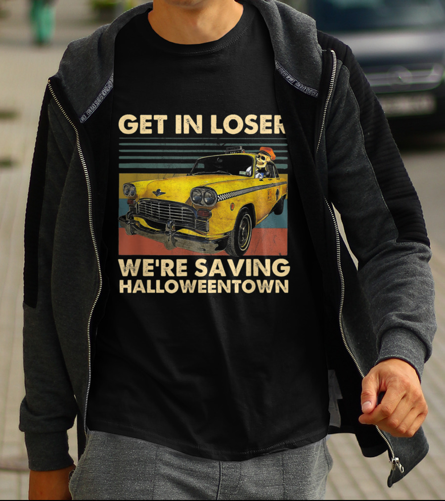 Get In Loser We're Saving Halloweentown Yellow Taxi Skeleton Driver T-Shirt