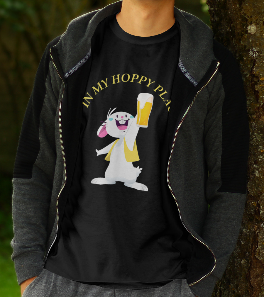 In My Hoppy Place Bunny Drinking Beer Funny Easter Cheers T-Shirt