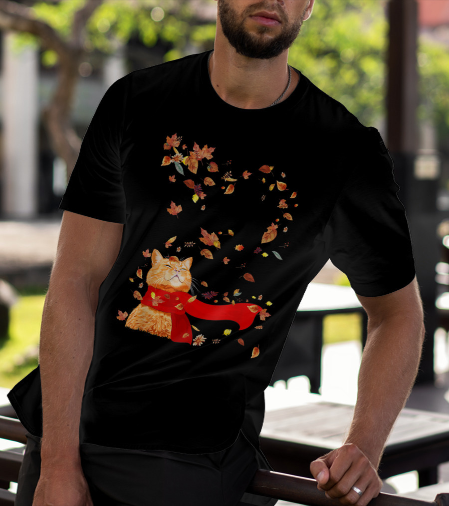 Hello Autumn Maple Leaf Fall Funny Cat Kitten Lover T-Shirt