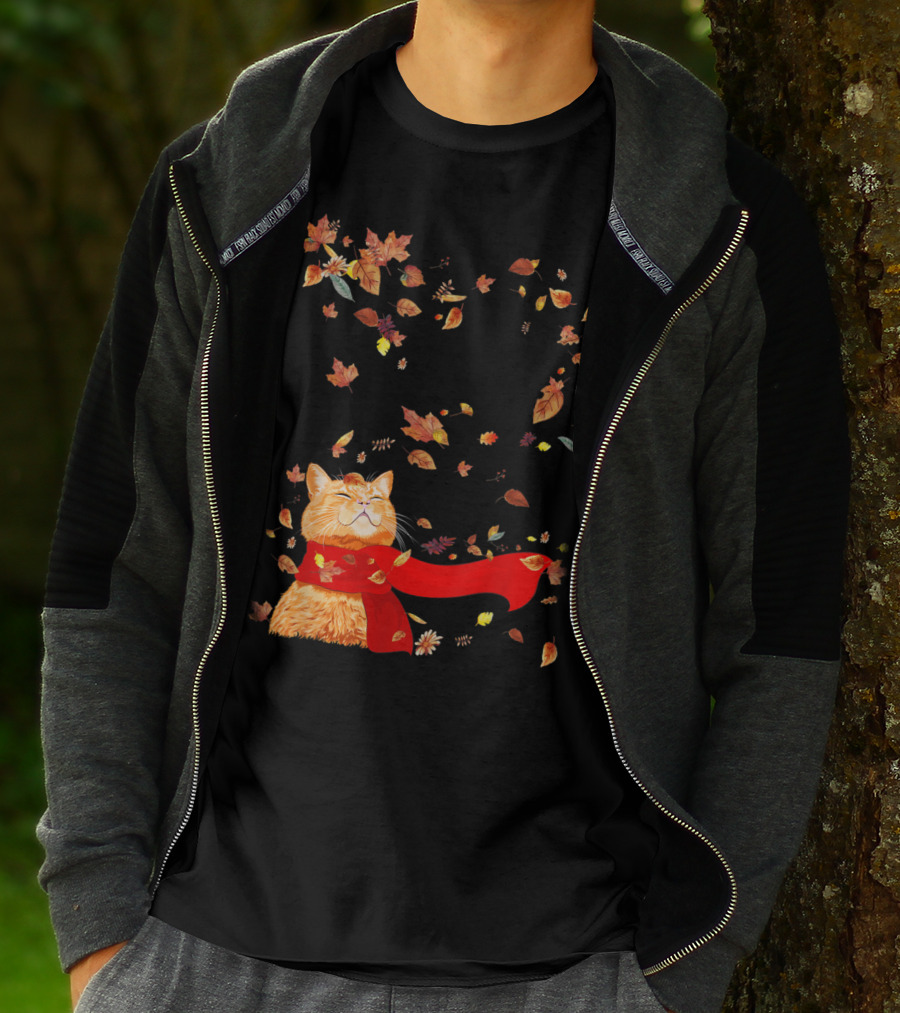 Hello Autumn Maple Leaf Fall Funny Cat Kitten Lover T-Shirt