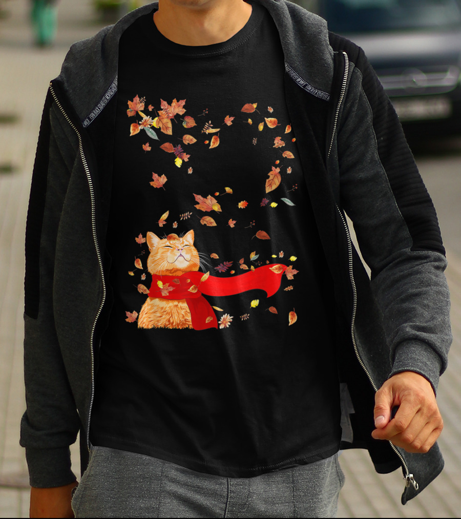 Hello Autumn Maple Leaf Fall Funny Cat Kitten Lover T-Shirt