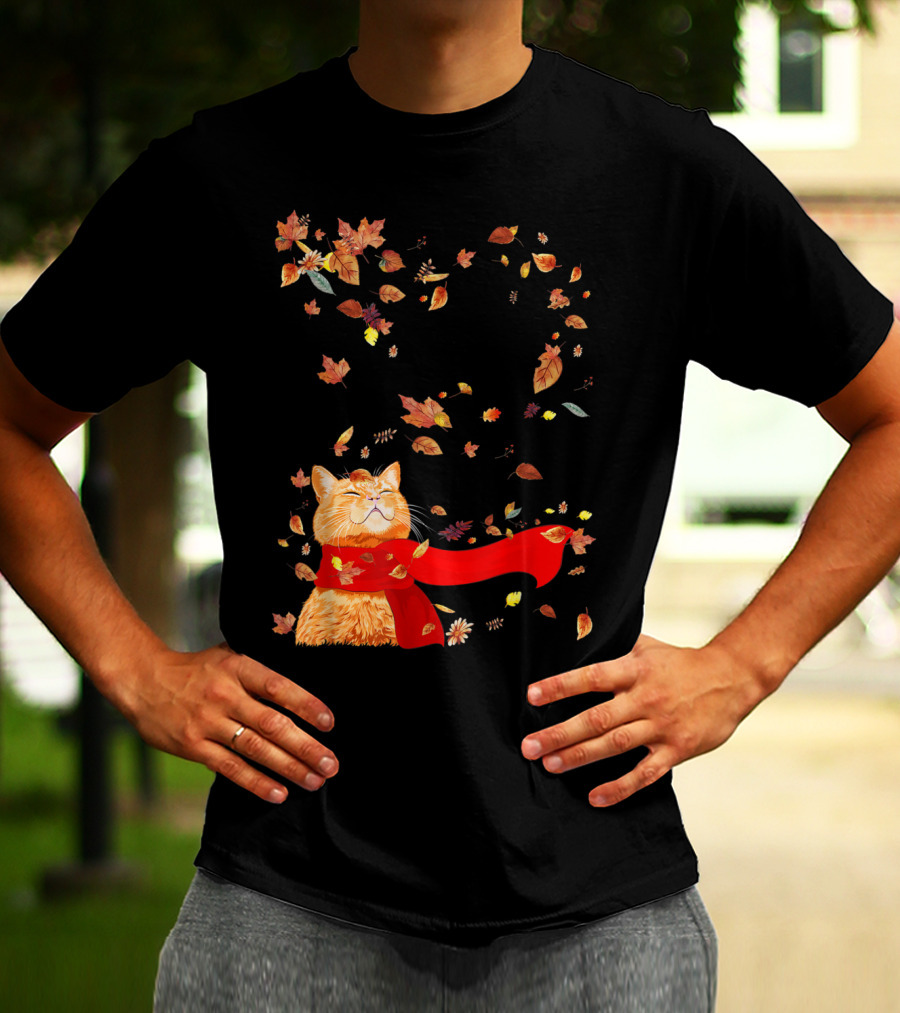 Hello Autumn Maple Leaf Fall Funny Cat Kitten Lover T-Shirt