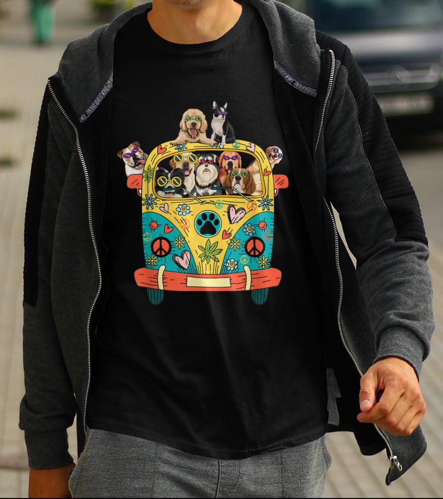 Peace Love Dogs Hippie Van With Sunglasses And Tropical Flowers T-Shirt