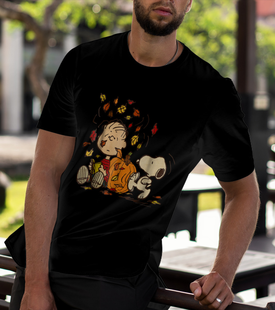 Peanuts Snoopy Linus With Pumpkin And Falling Leaves T-Shirt