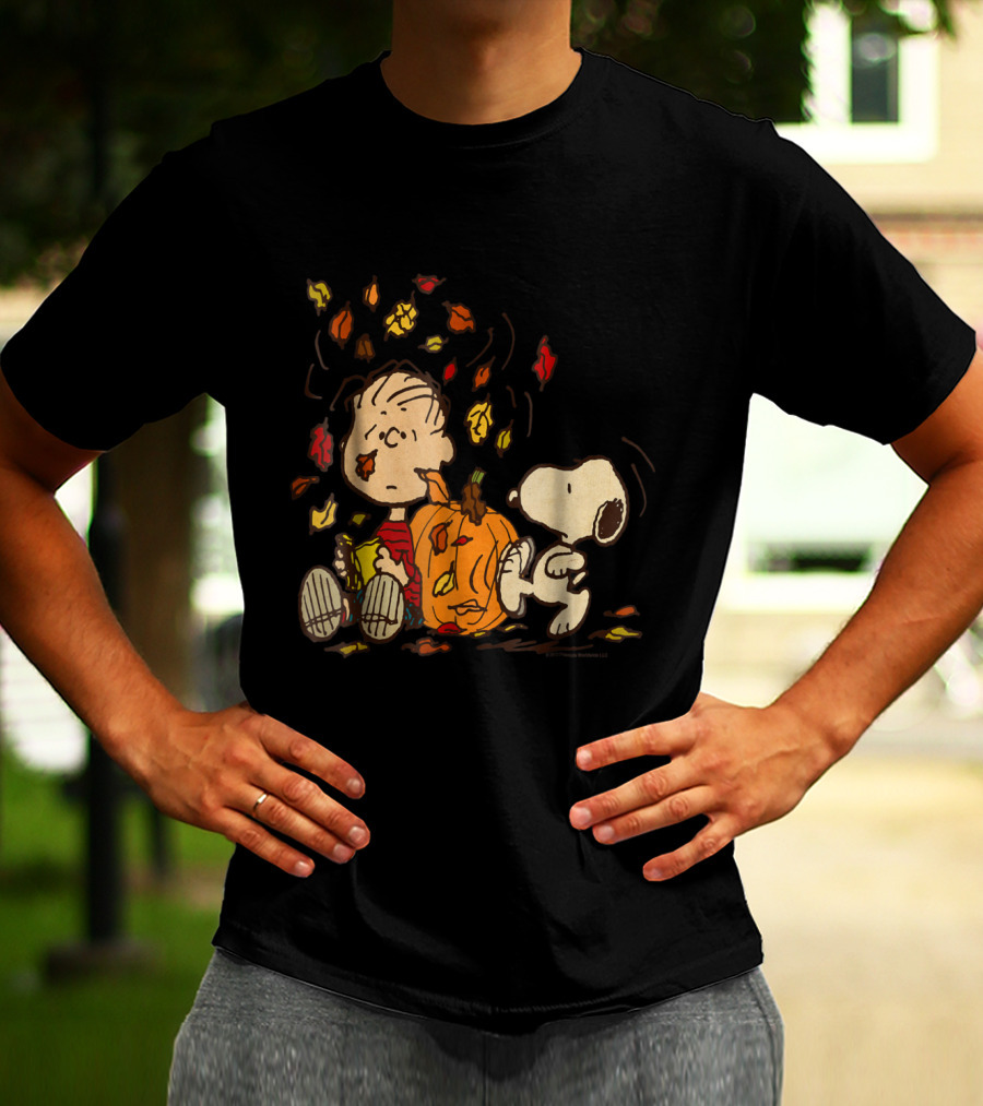Peanuts Snoopy Linus With Pumpkin And Falling Leaves T-Shirt