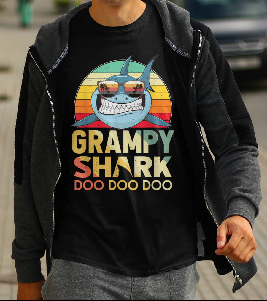 Grampy Shark Doo Doo Doo Retro Vintage Palm Trees Sunglasses T-Shirt