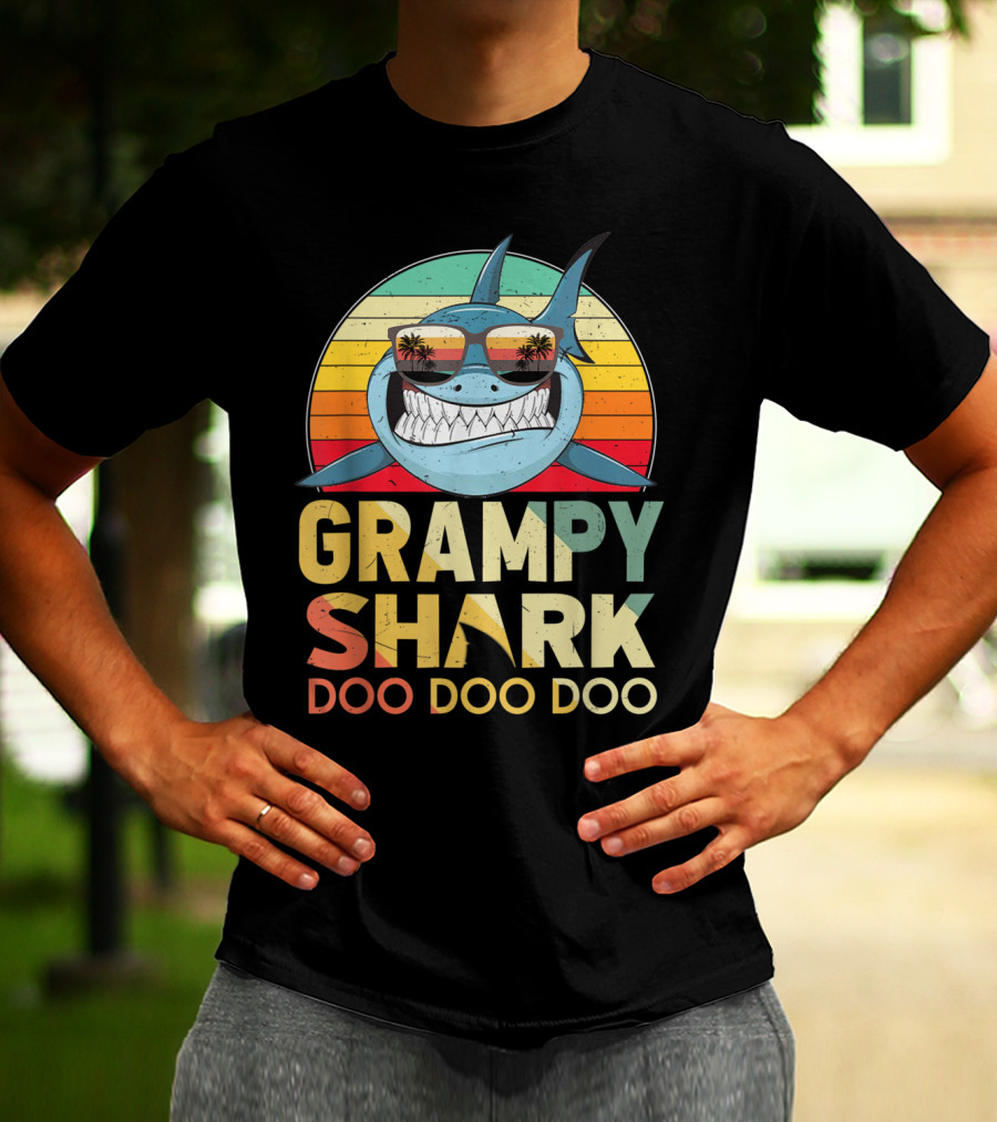 Grampy Shark Doo Doo Doo Retro Vintage Palm Trees Sunglasses T-Shirt