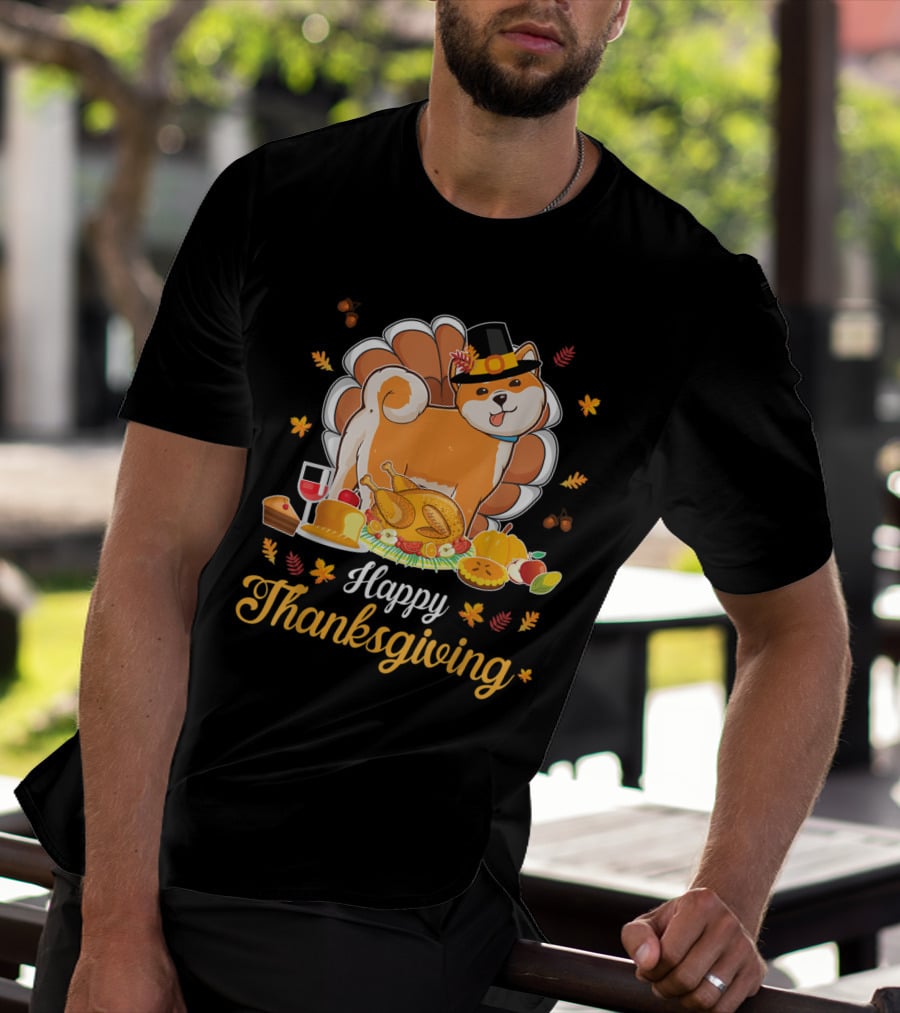 Happy Thanksgiving Shiba Inu Dog With Turkey Dish And Wine T-Shirt