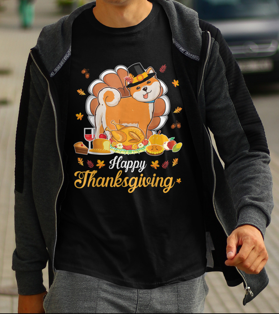 Happy Thanksgiving Shiba Inu Dog With Turkey Dish And Wine T-Shirt