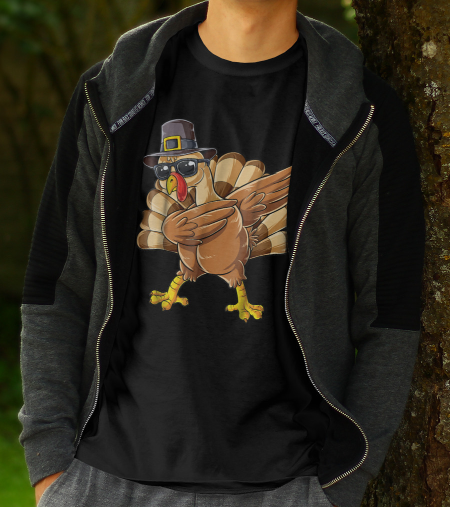 Thanksgiving Dabbing Turkey Pilgrim Hat Sunglasses Boys Day T-Shirt