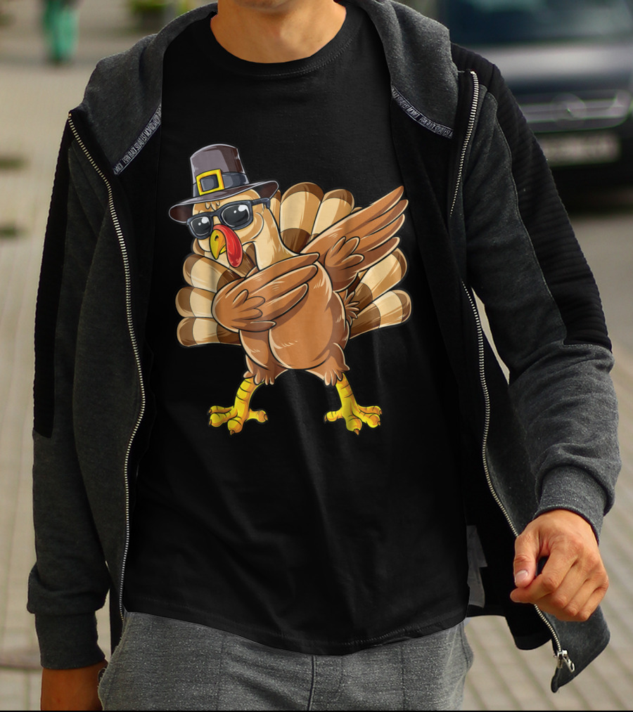 Thanksgiving Dabbing Turkey Pilgrim Hat Sunglasses Boys Day T-Shirt