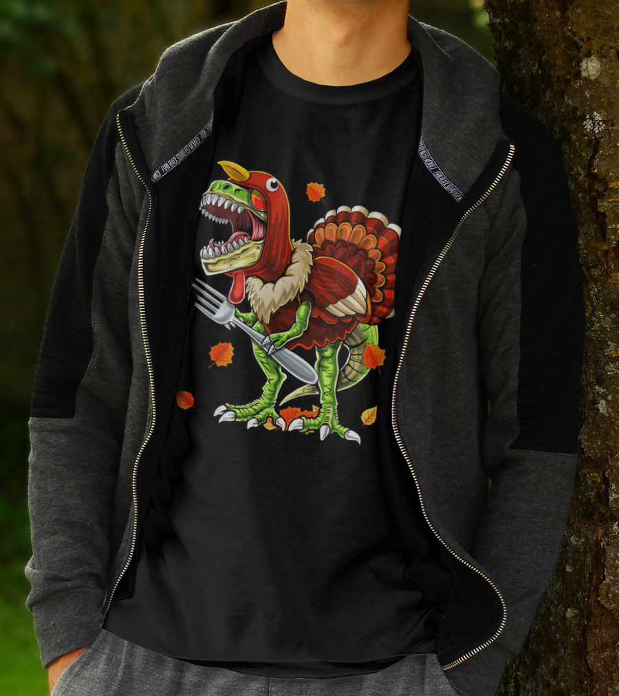 Thanksgiving Rex Dinosaur Turkey With Fork And Autumn Leaves T-Shirt