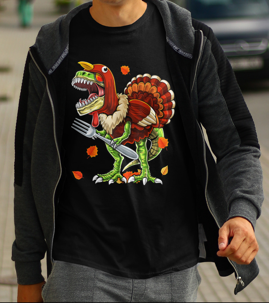 Thanksgiving Rex Dinosaur Turkey With Fork And Autumn Leaves T-Shirt