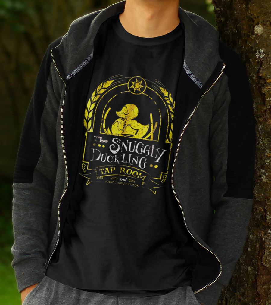 Snuggly Duckling Tap Room And Parlor Lounge With Yellow Duck And Sunburst Motif T-Shirt