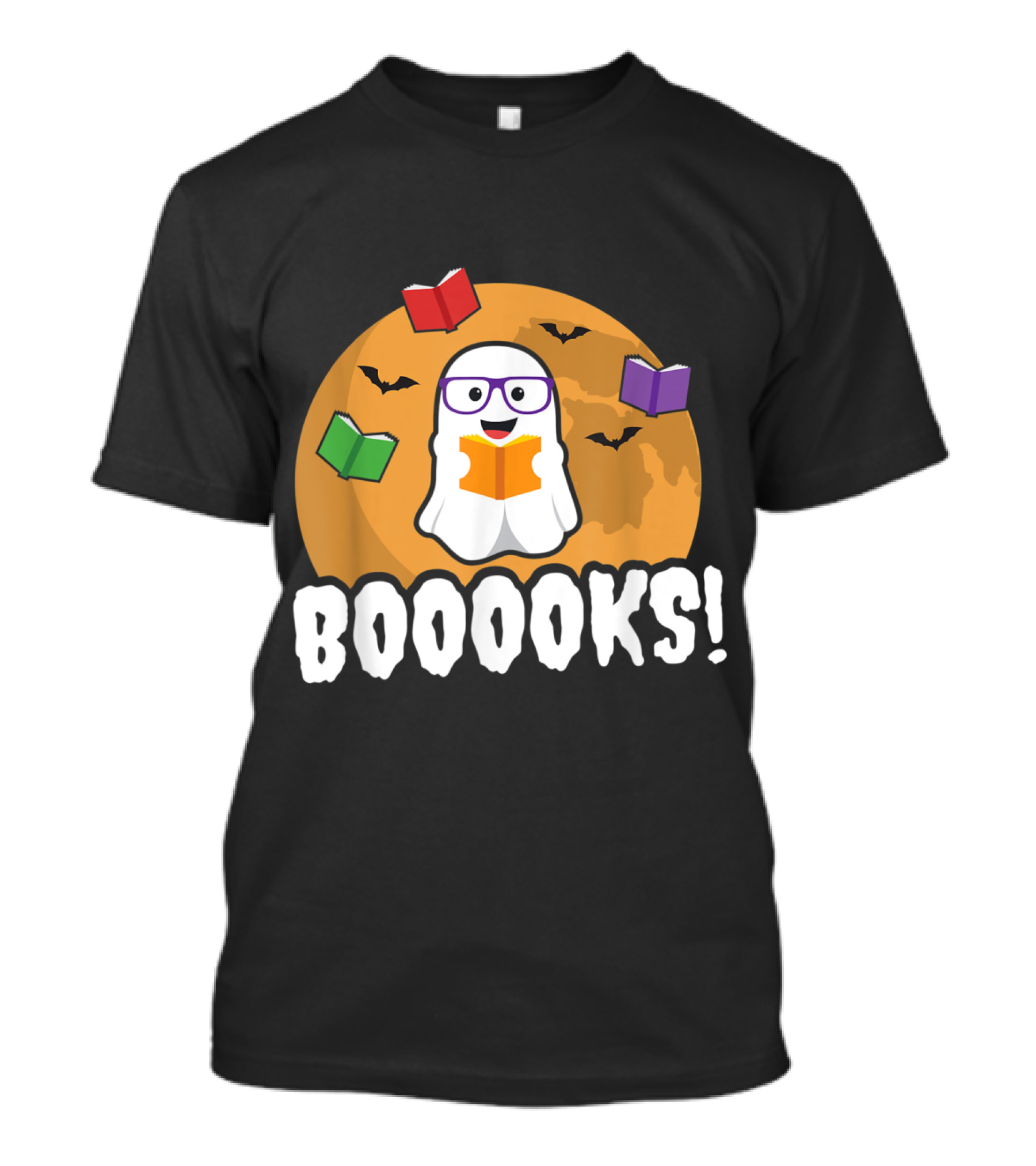 Booooks Ghost Boo Read Books Library Halloween Theme With Flying Bats And Moon T-Shirt