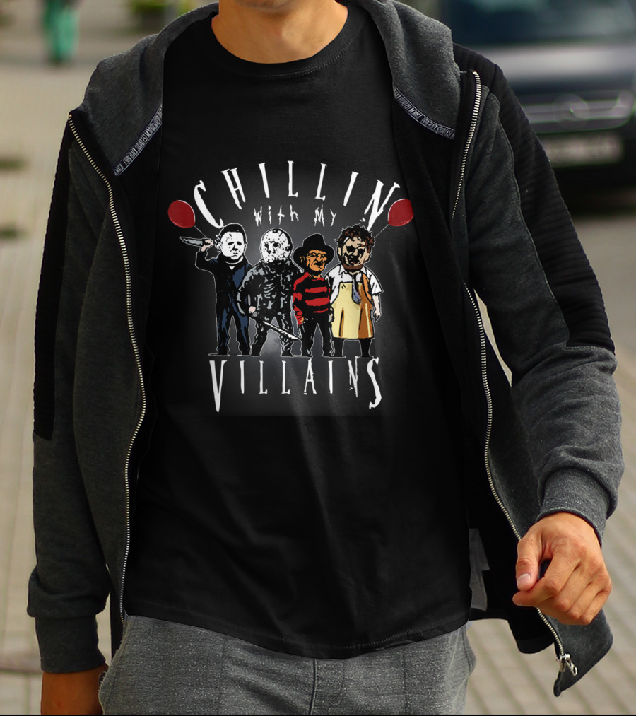 Chillin With My Villains Scary Creepy Halloween Horror Iconic Characters T-Shirt