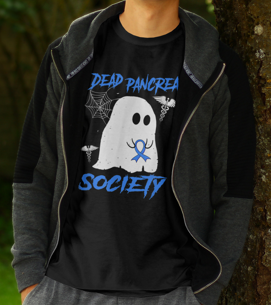 Dead Pancreas Society Diabetes Awareness Halloween Ghost With Blue Ribbon And Caduceus T-Shirt