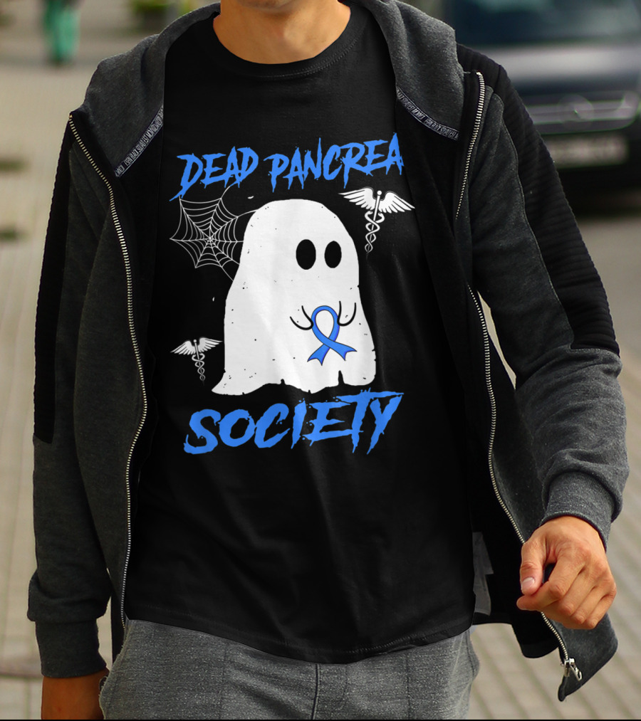 Dead Pancreas Society Diabetes Awareness Halloween Ghost With Blue Ribbon And Caduceus T-Shirt