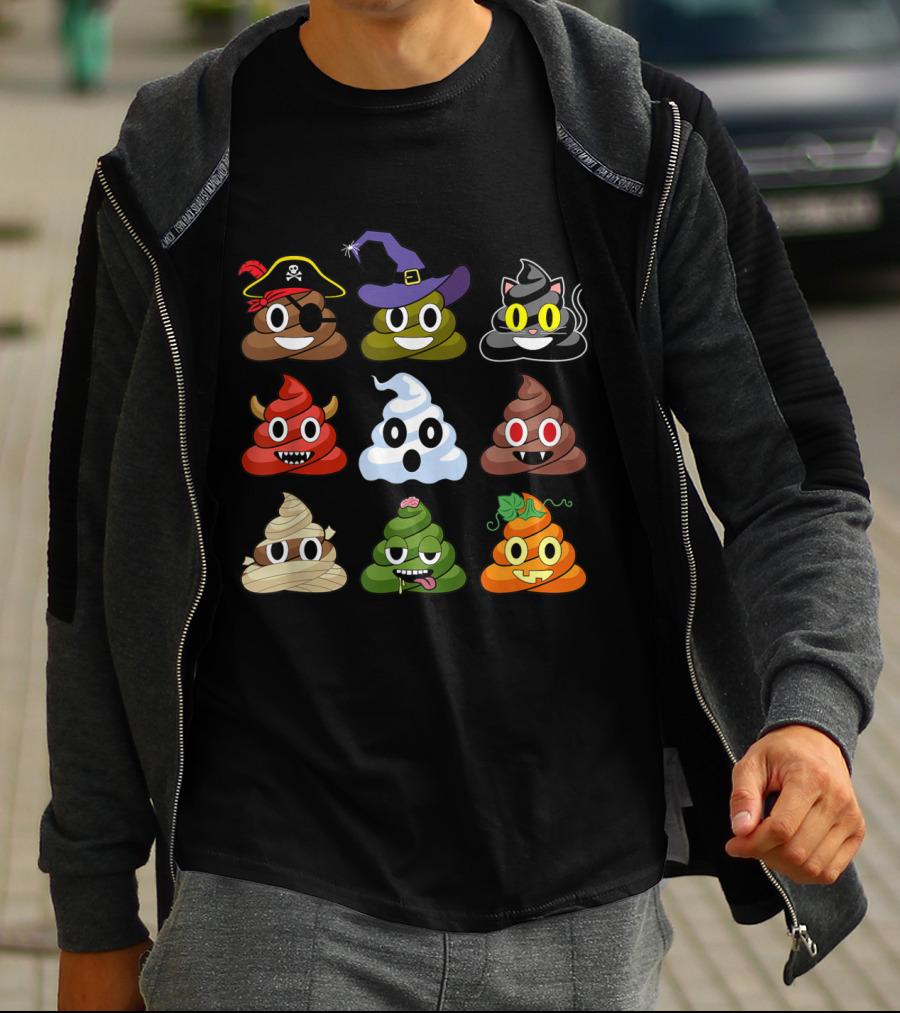 Halloween Pirate Witch Cat Devil Ghost Mummy Zombie Pumpkin Poop Emojis T-Shirt