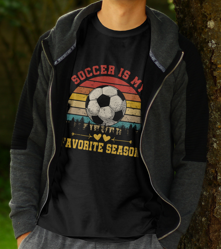 Soccer Is My Favorite Season Vintage Sunset Forest Soccer Ball T-Shirt