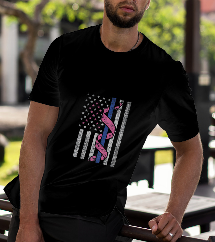 Blue Line American Flag Pink Ribbon Breast Cancer Awareness T-Shirt