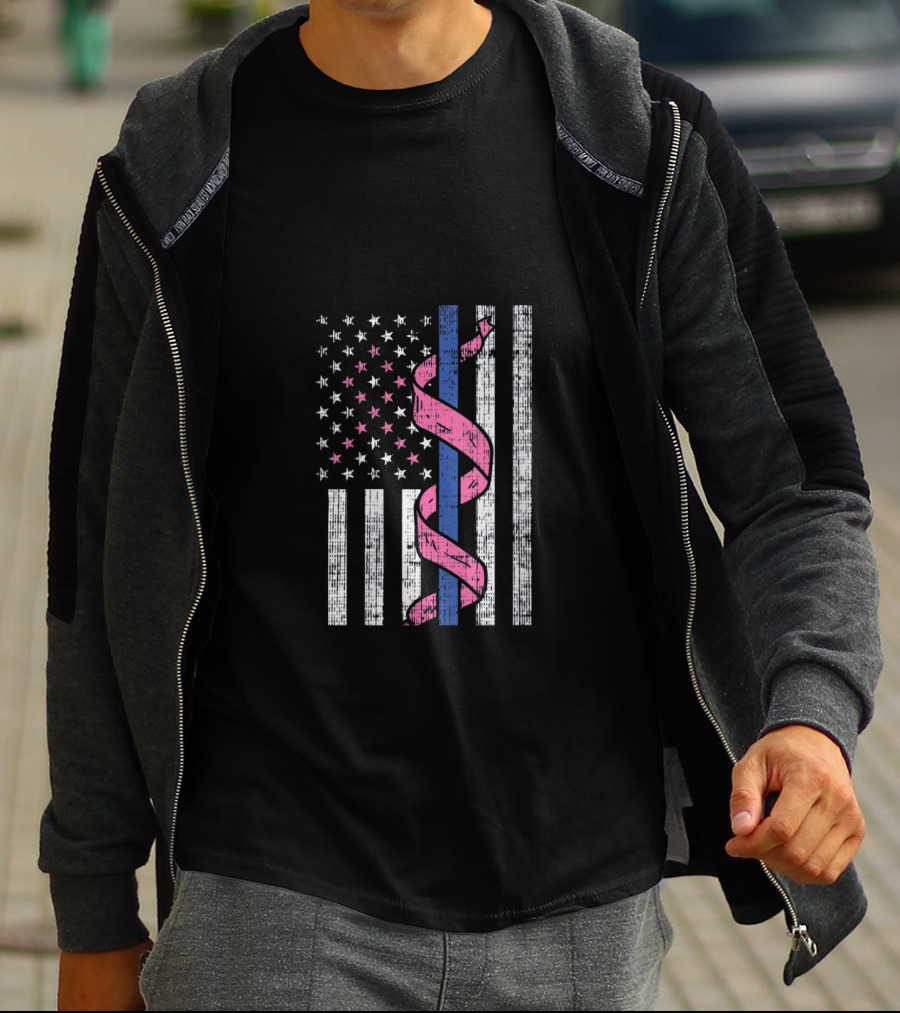 Blue Line American Flag Pink Ribbon Breast Cancer Awareness T-Shirt