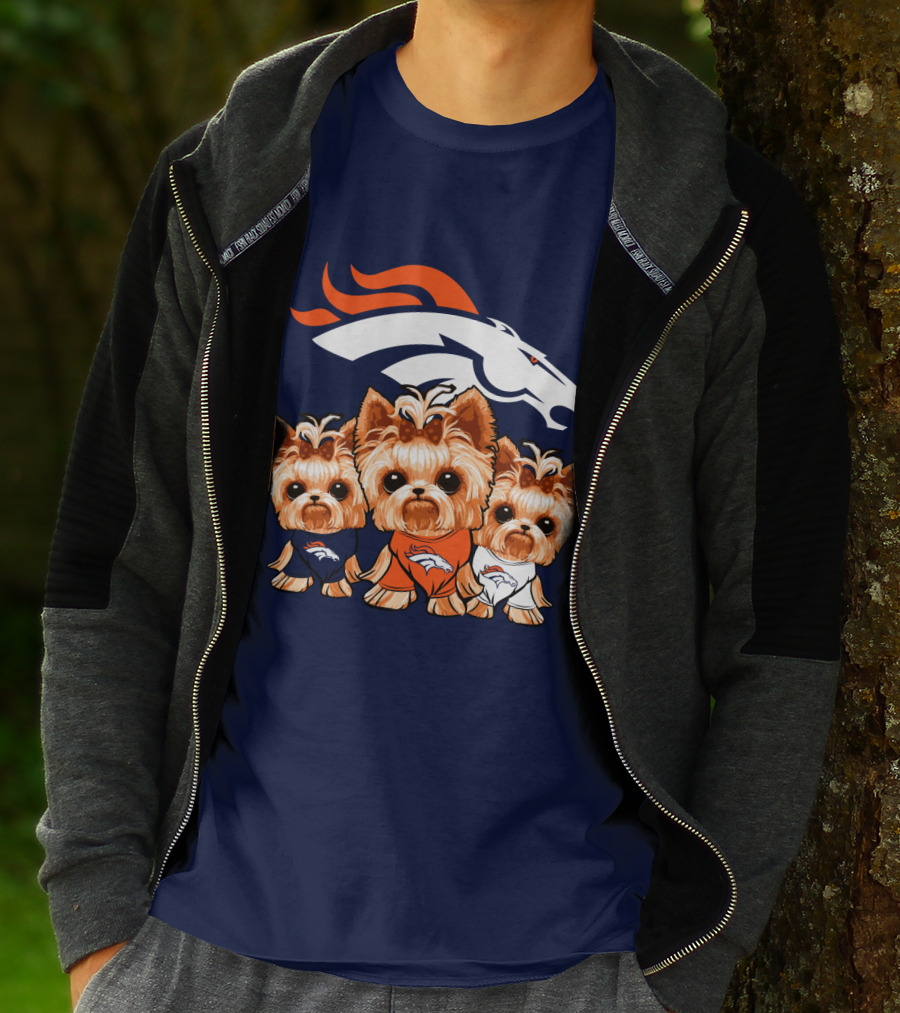 Denver Broncos Yorkies With Team Logo And Three Adorable Dogs In Jerseys T-Shirt