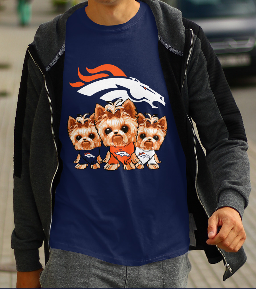 Denver Broncos Yorkies With Team Logo And Three Adorable Dogs In Jerseys T-Shirt