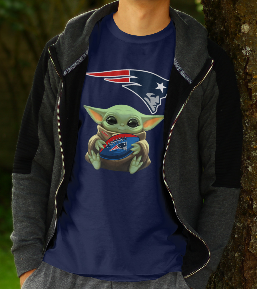Baby Yoda Holding New England Patriots Football Under Patriots T-Shirt