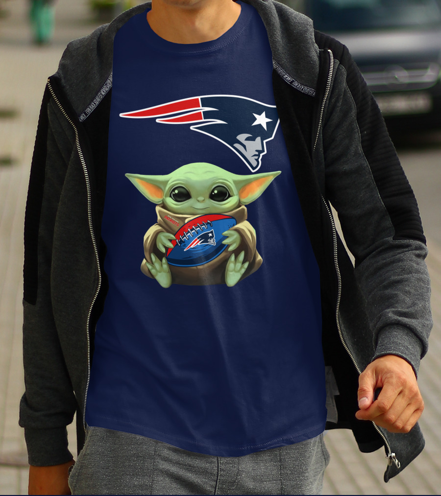 Baby Yoda Holding New England Patriots Football Under Patriots T-Shirt
